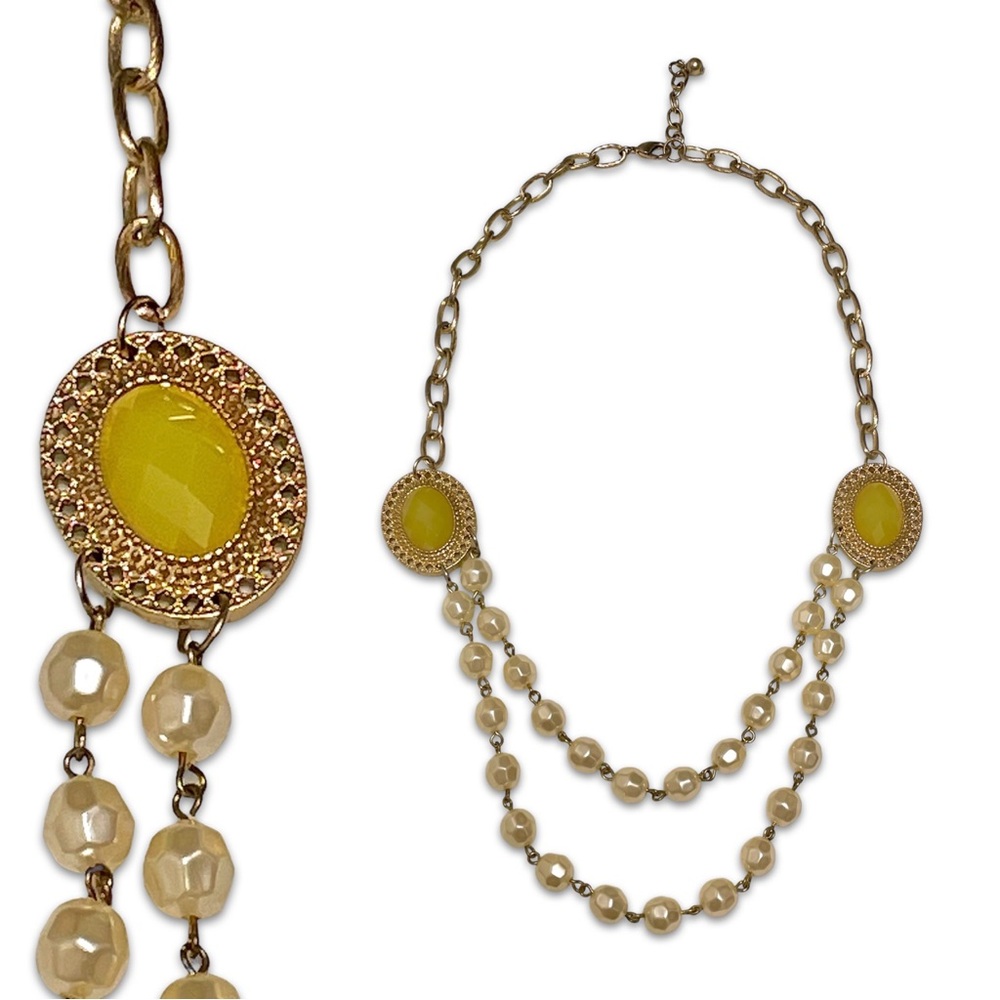 Vintage Elegant Gold faux pearls medallions statement Necklace chain green